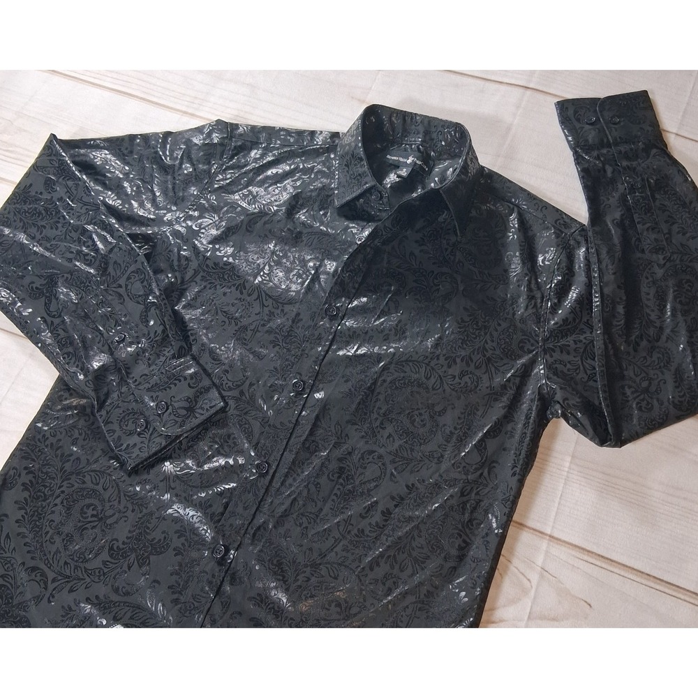 Beverly Hills Polo Club Mens Shirt Sz S Black Metallic Foil Paisley Button Up